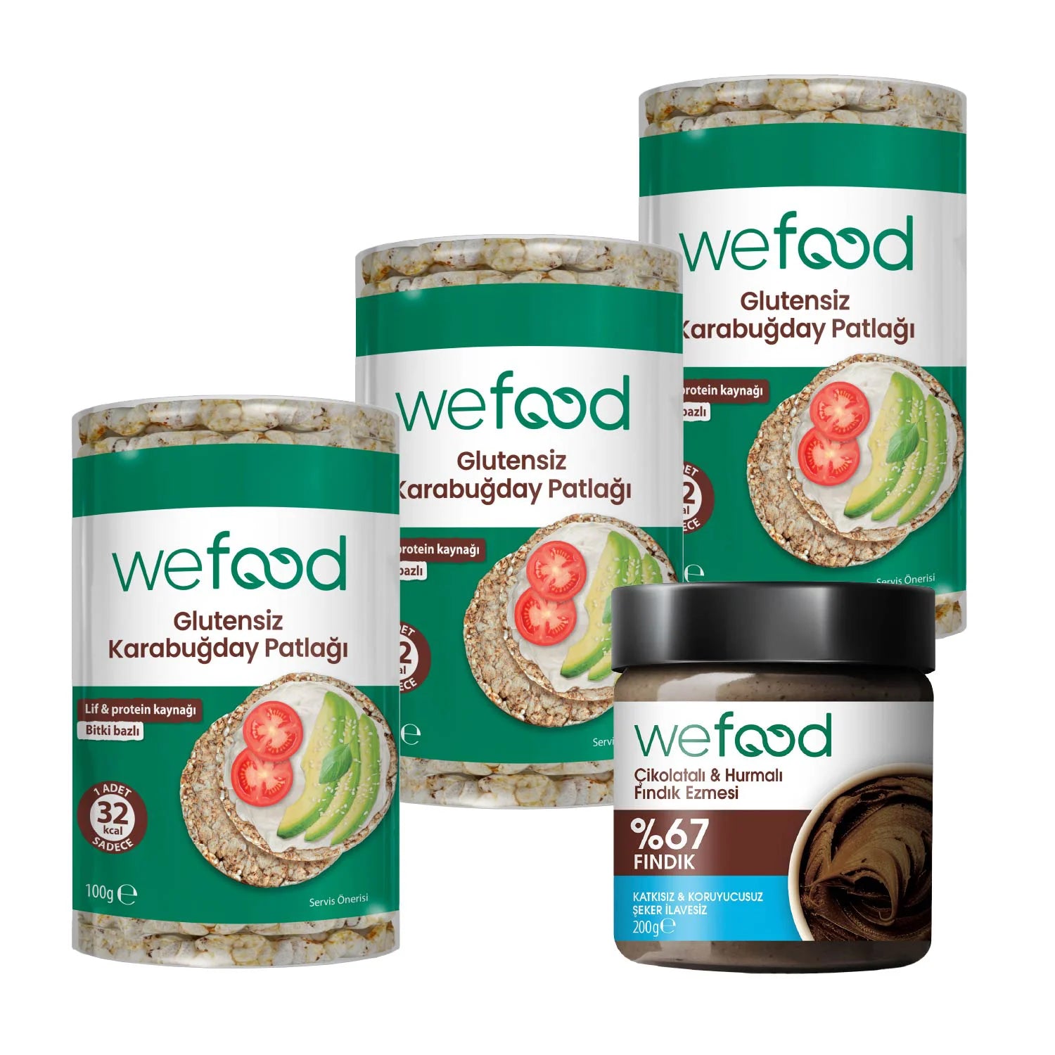 Wefood Çikolatalı Hurmalı Fındık Ezmesi 200 gr + Wefood Glutensiz Karabuğday Patlağı 100 gr 3'lü